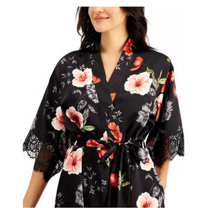 INC Lace-Trim Floral-Print Satin Wrap Robe~XS